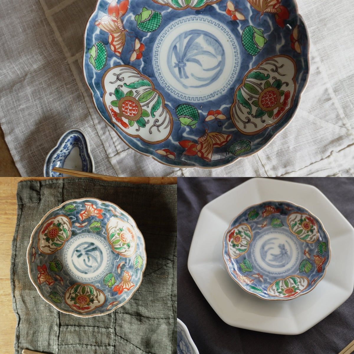 【数量限定】藍地に蝶が舞う色絵の食卓3点セット - Kotto Shop