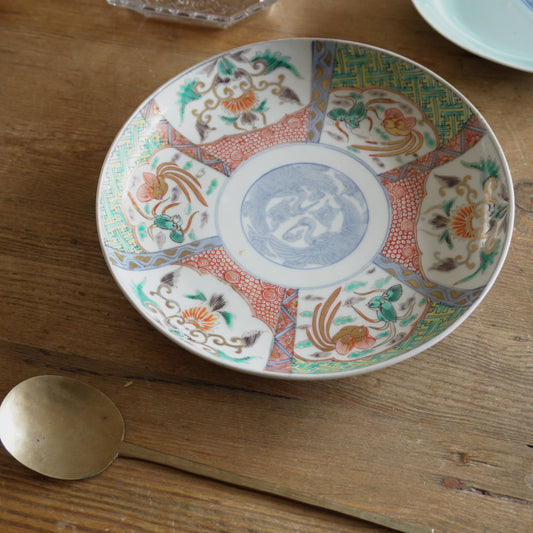 ピンクとグリーンの可愛い古伊万里7寸皿