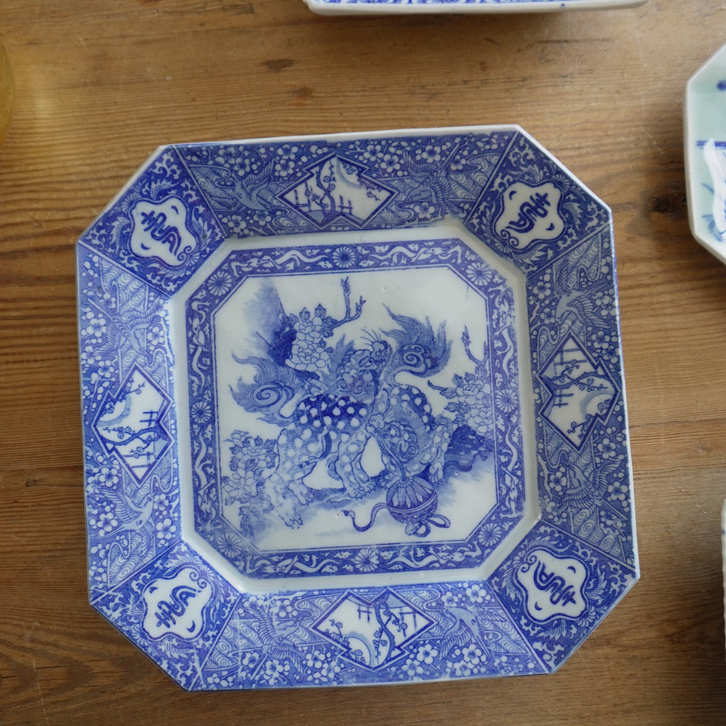 獅子と牡丹咲く角大皿