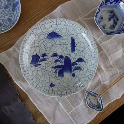 【貫入あり】氷結紋に舞う山水染付大皿