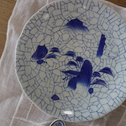 【貫入あり】氷結紋に舞う山水染付大皿
