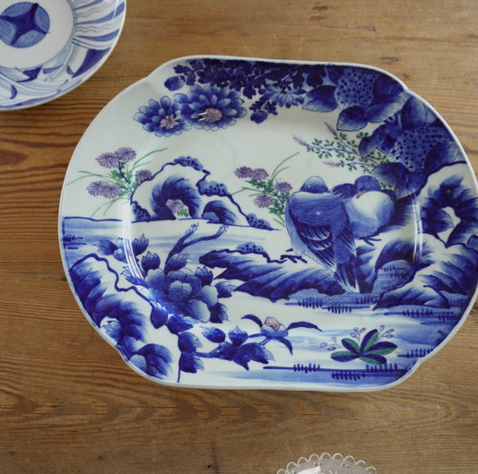風景図のような鳥と花の大皿 - Kotto Shop