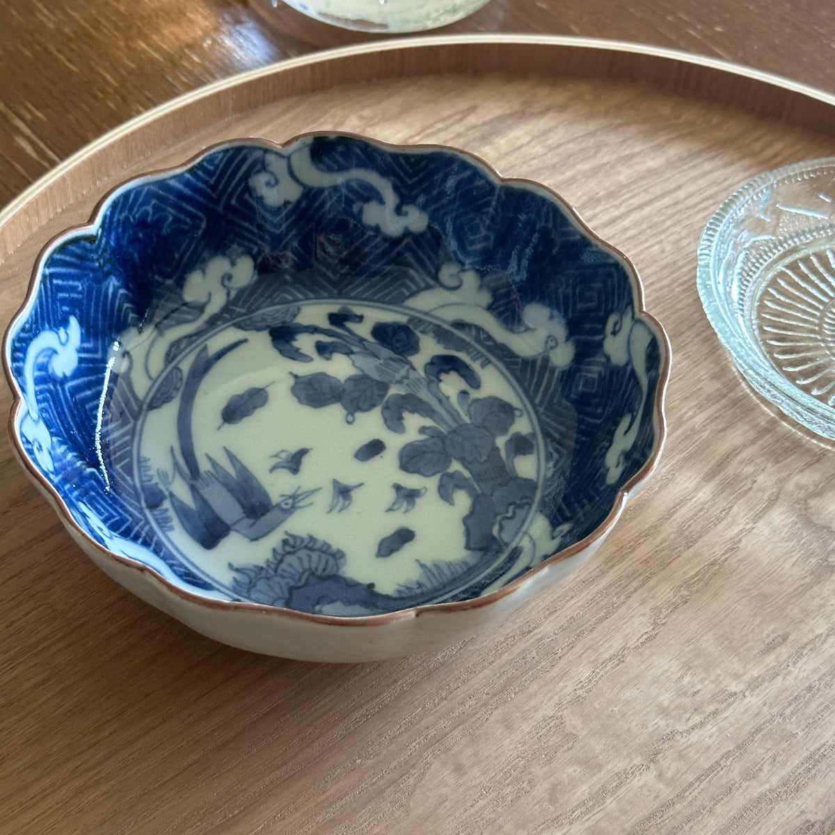 和食器 山水絵 手作り 楕円小皿5枚 レトロ 年代物 花やか