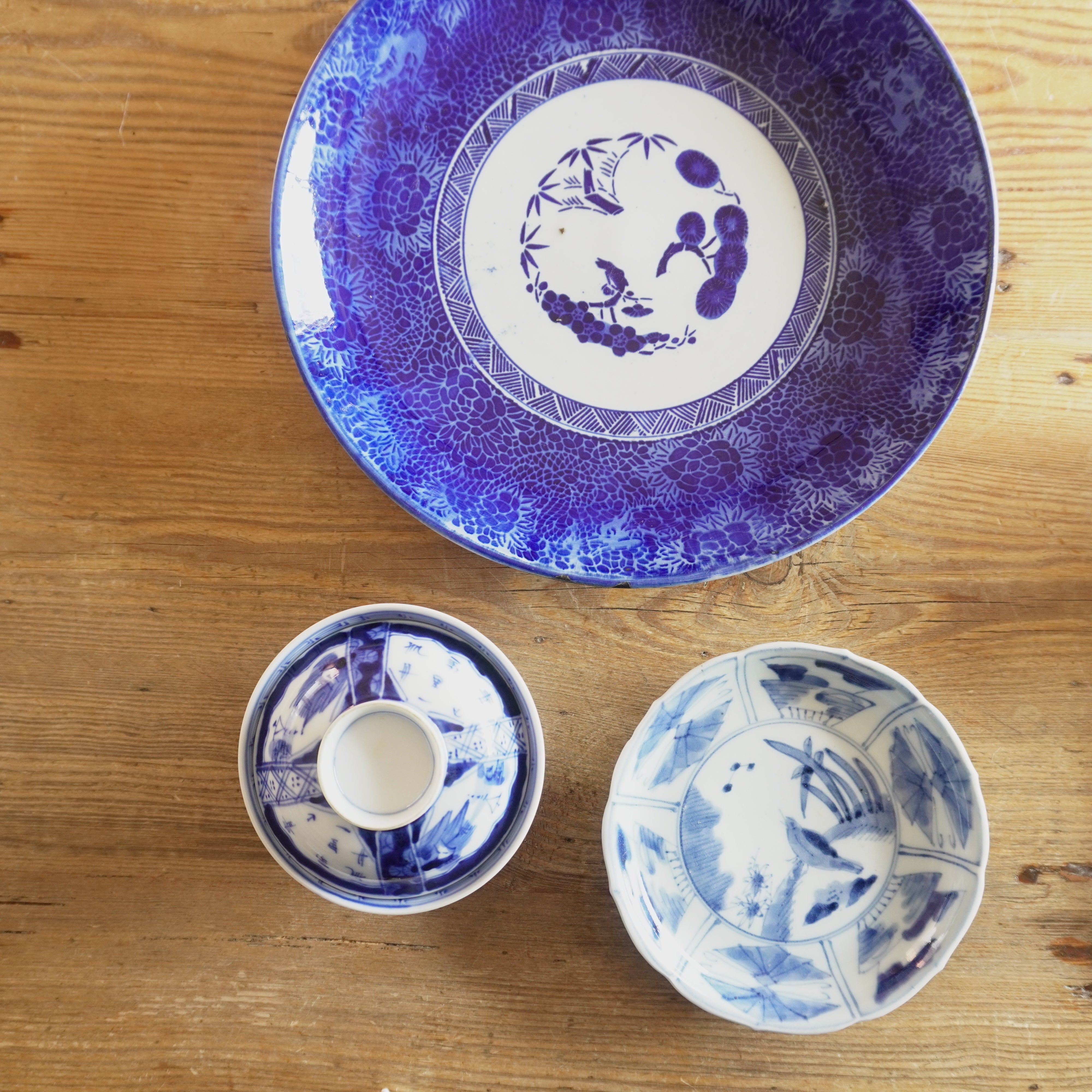 桔梗紋　六歌仙　印判皿　窓絵　染付　小皿　中皿　6枚セット 桔梗紋 六歌仙 印判皿 窓絵 染付 小皿 中皿 6枚セット