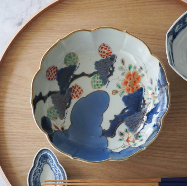 伊万里 皿 染付 金彩 色絵 6枚 染付金彩2枚 伊万里 金彩 赤絵 縁高鉢 [松竹梅風景絵] 染付 盛り皿 飾り皿 丸
