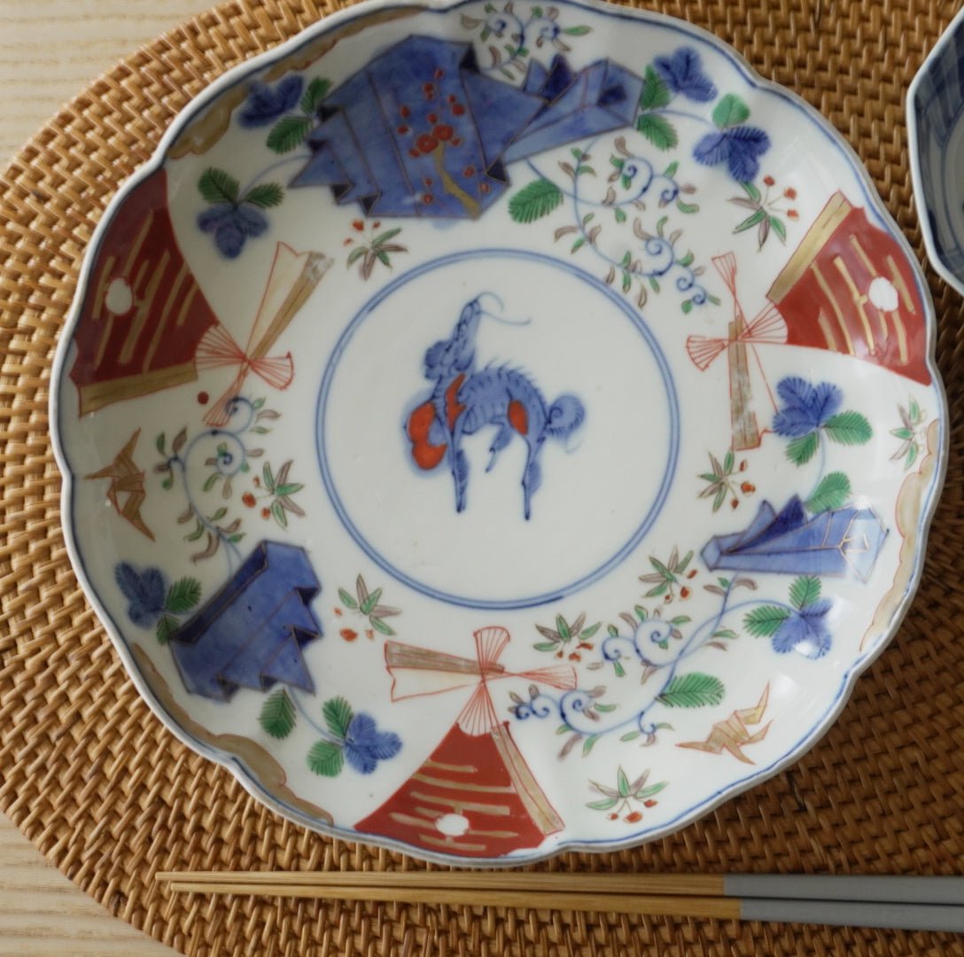 きくの　染付　漢詩蟹花文　蓋茶碗　皿　二点　金継ぎ直しあり　CR7262 9cc904783cbbb0da8bcb497a3b3de5