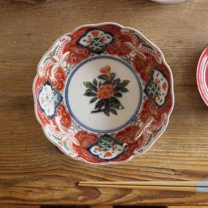 紅の唐草に花ひらく　色絵なます皿 - Kotto Shop