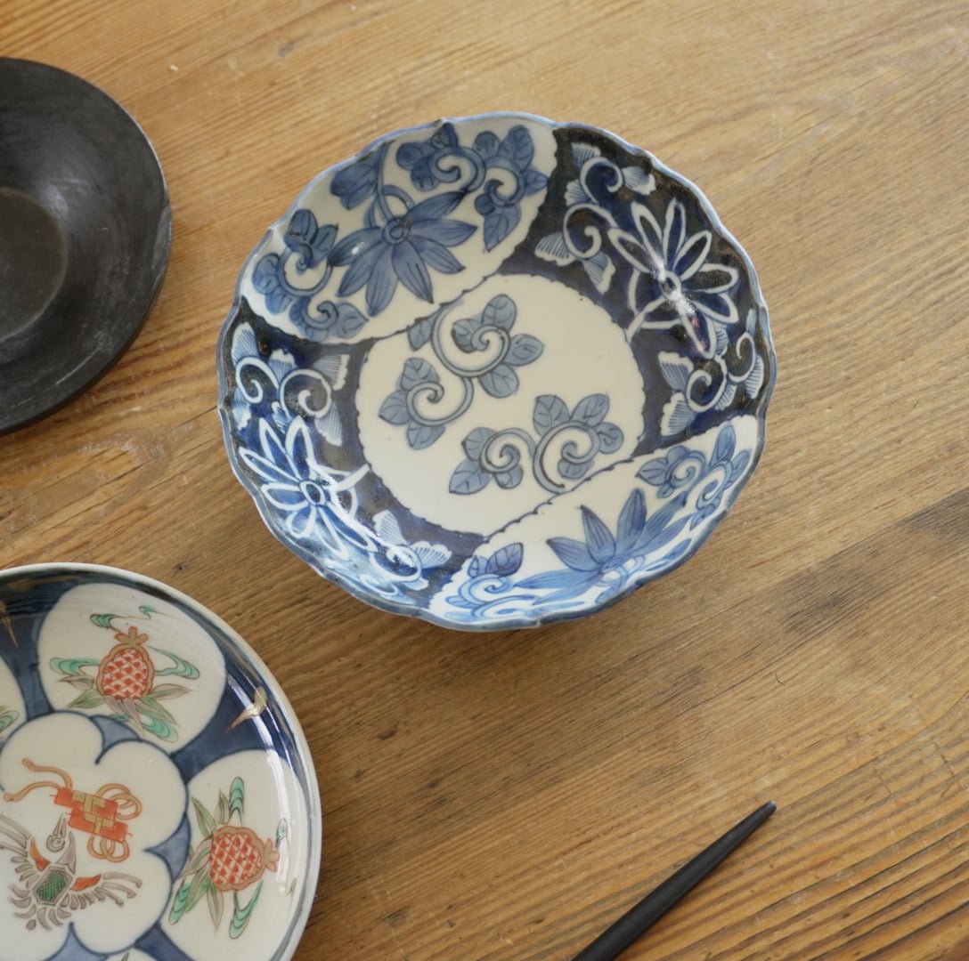 古伊万里九谷唐子なます皿5枚セットNo2 古伊万里 染付 蛸唐草 膾皿 五枚組 なます皿 見込み松竹梅 二重